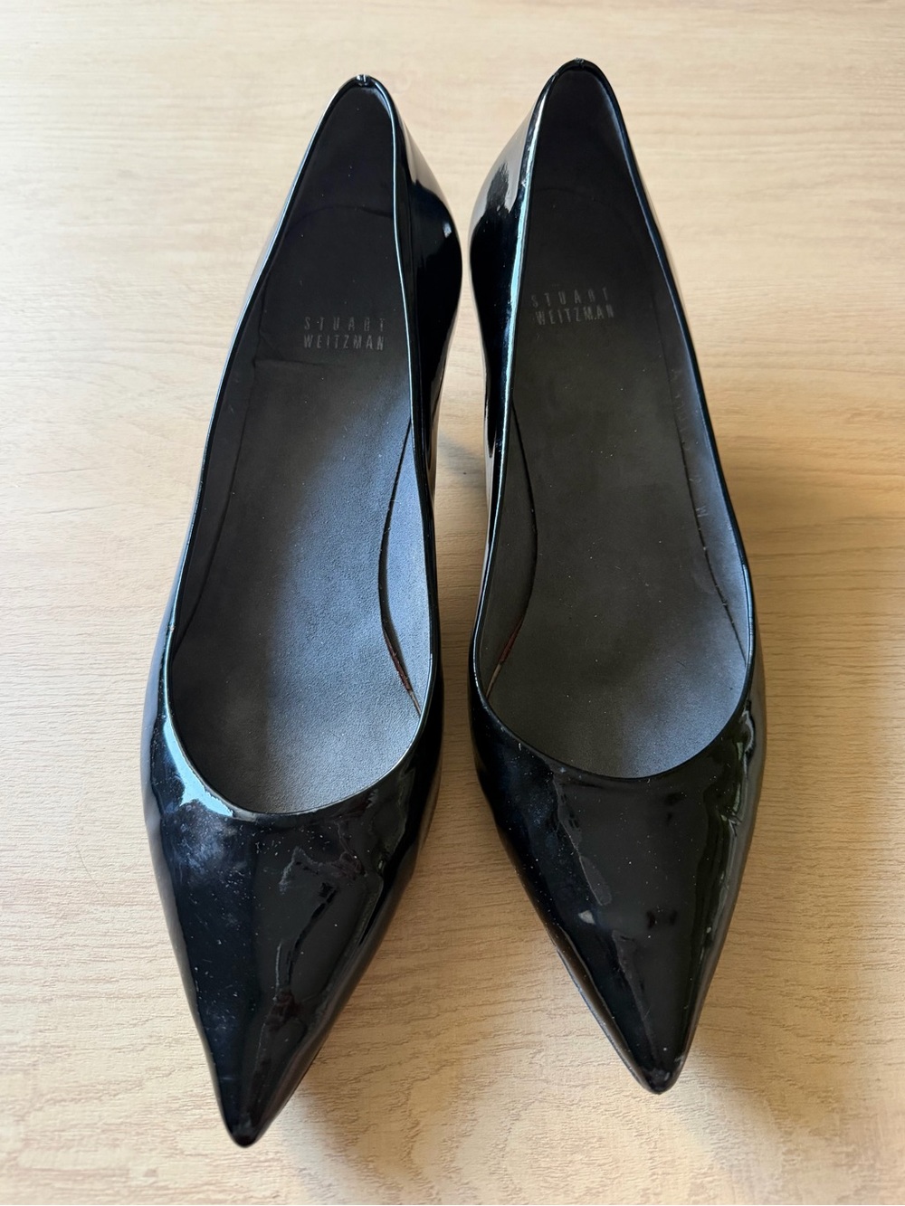 Stuart Weitzman Poco Black Patent Leather Pointed-Toe
Kitten Heel Pumps